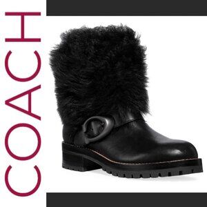 NWT COACH Leighton Shearling Lamb Fur Black Moto Boots, Size 6.5 (EU37)